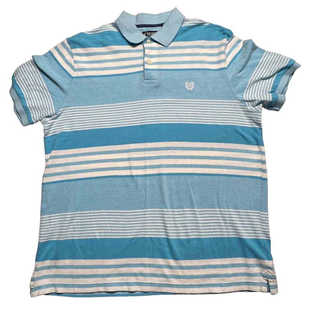 Chaps Shirt Mens Large Blue White Striped Polo Natural Stretch Collared Cotton